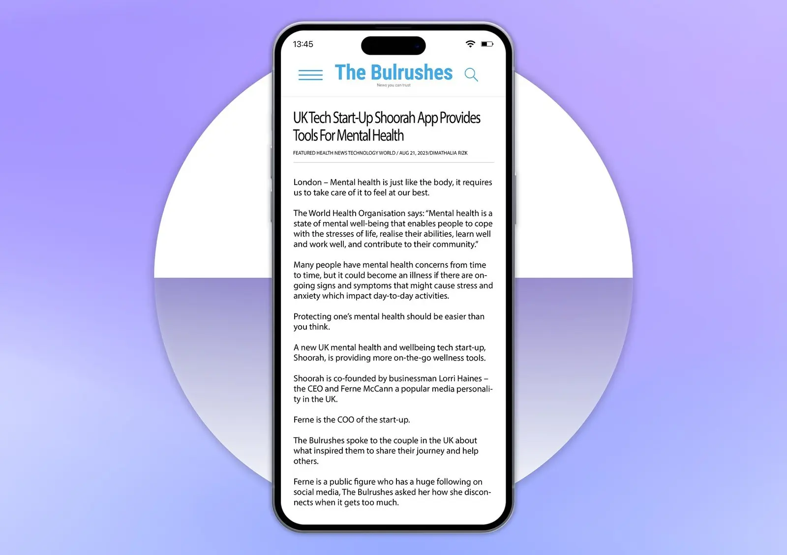 Image shows latest media story about mental health and wellbeing app Shoorah