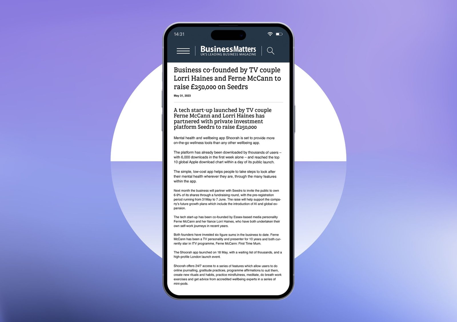 Image of online story published by Business Matters Magazine about Seedrs crowdfund by mental health and wellbeing app Shoorah